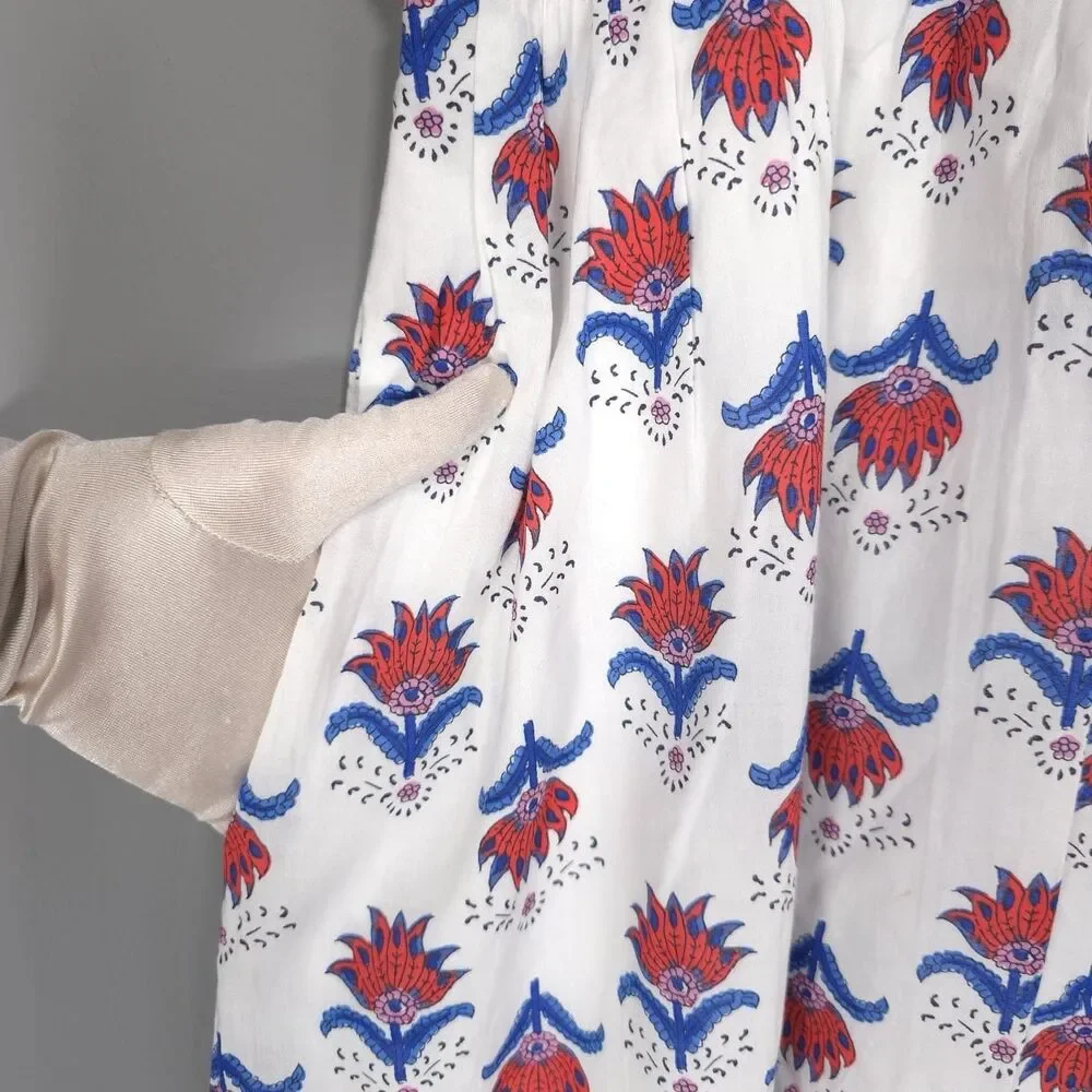 J.CREW‎ Midi Dress Size 14 White Floral Ruffle Sleeve Smocked Cotton Red Blue